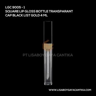 9005-1-SQUARE-LIP-GLOSS-BOTTLE-TRANSPARANT-CAP-BLACK-LIST-GOLD-4-ML, kemasan dekoratif