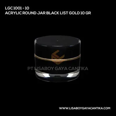 1001-10-ACRYLIC-ROUND-JAR-BLACK-LIST-GOLD-10-GR — Acrylic Jar & Glass Jar